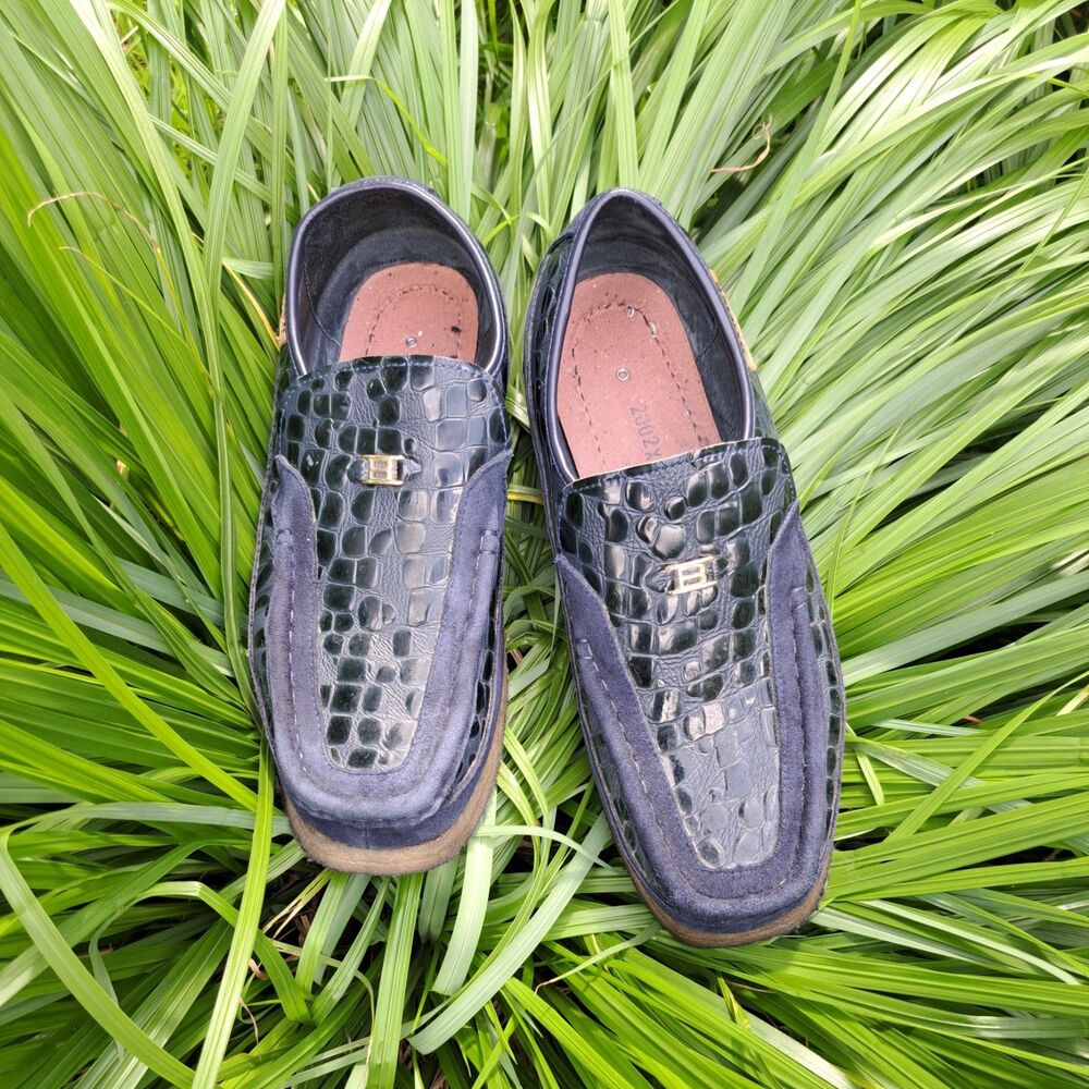 British Walker Stone Pattern Casual 10 M/W Suede Leather Slip On Crepe Sole Blue
